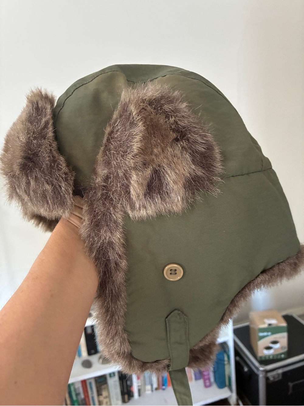 Olive Green / Brown Military Aviator Hat with Faux Fur - one size unisex